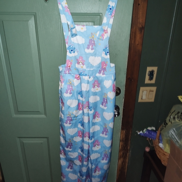 Blue Women's Care Bear Denim Blue Jean Overalls with Bright Colorful Print - Picture 1 of 2